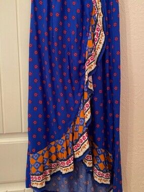 Royal Blue High-Low Wrap Skirt with Red Floral Print